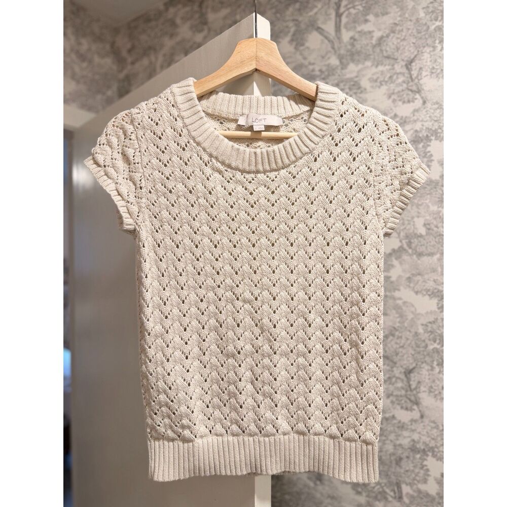 LOFT Small Cream 100% Cotton Open Knit Pointelle Sweater Top